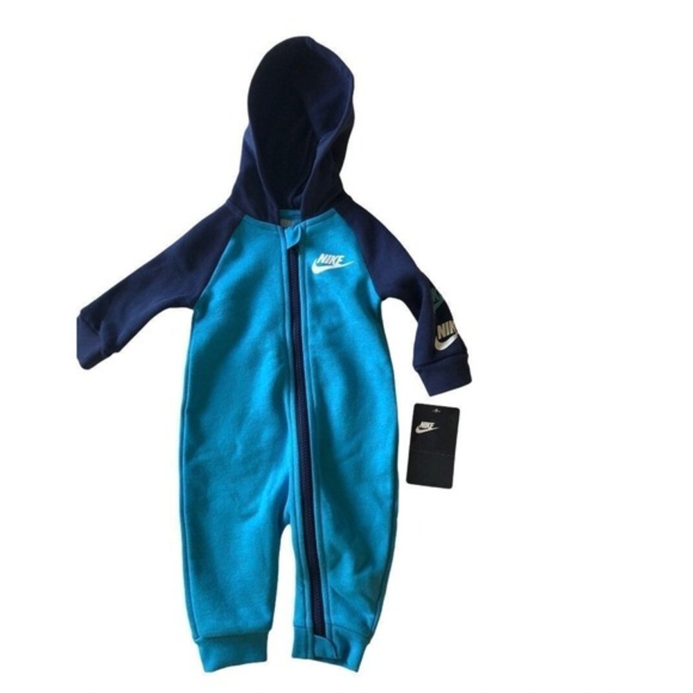 Nike Baby Boys Blue Navy Hooded Fleece Full Zip Romper‎ Coverall NWT